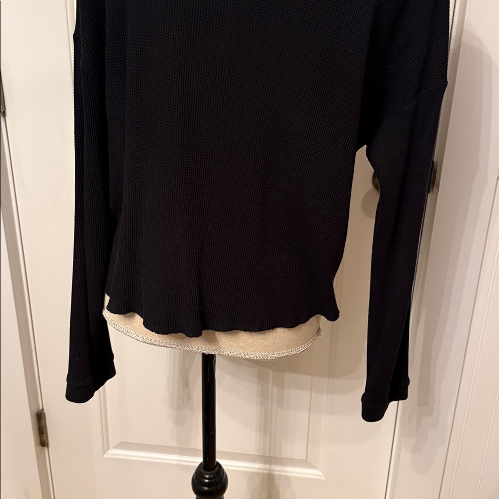 EVERLANE TOP TEE LONG SLEEVE BLACK WAFFLE KNIT COTTON BOXY SIZE S CROPPED (mens) - Picture 7 of 10